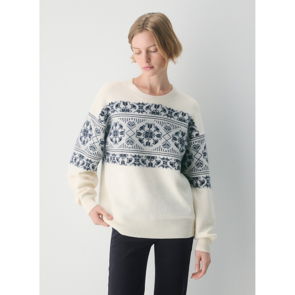 Aritzia Wilfred Isabelle Wool Cashmere Fair Isle Sweater Cream Navy Large